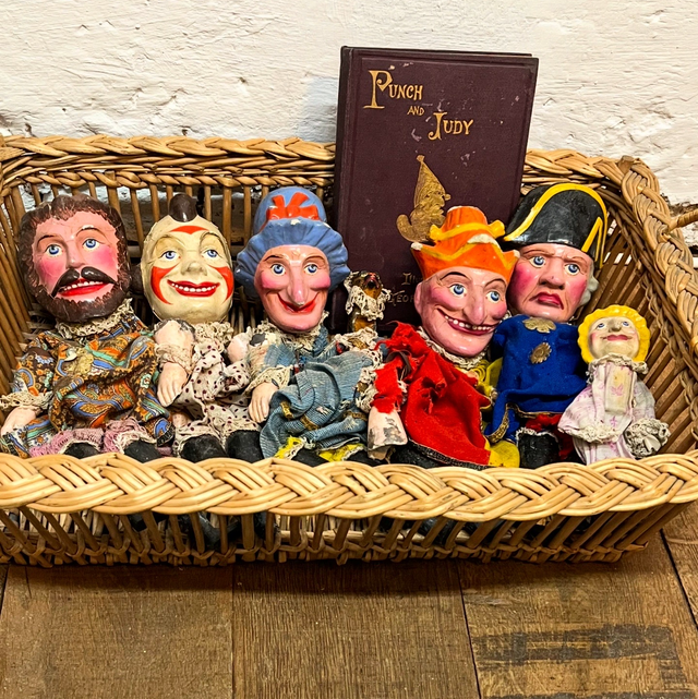 Late 19th/ Early 20th Century Punch &amp; Judy Puppet Ensemble — Seven Hand-Painted Characters with 6th Edition Book