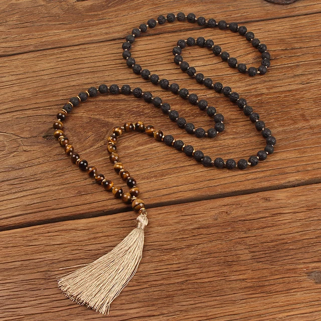 Mala ketting | Lavasteen Tijgeroog | 8mm | 108 kralen met kwastje | Sparkolia