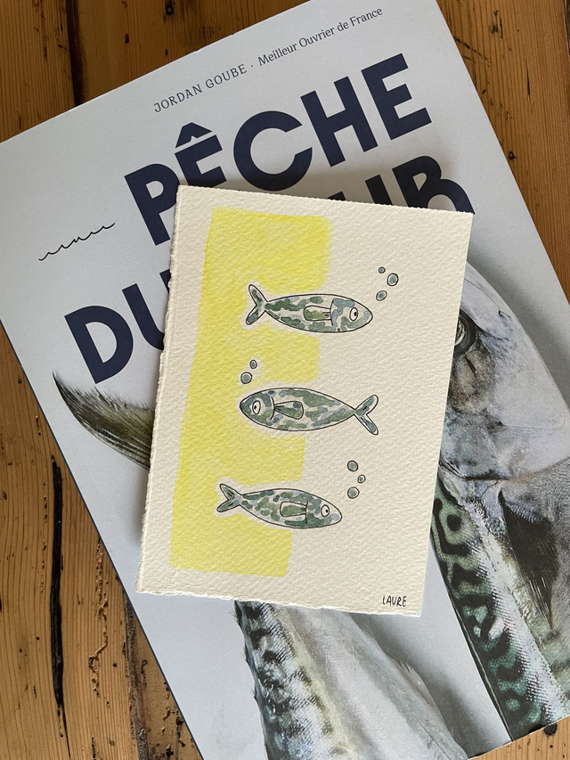 Aquarelle poissons sur fond jaune 