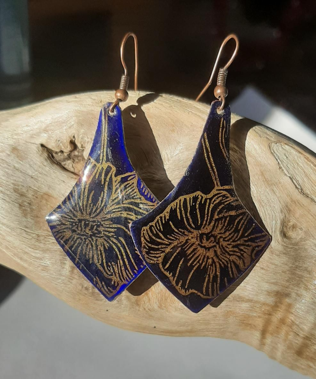 Boucles Bleues Foncées Transparents "Coquelicot " Dorés