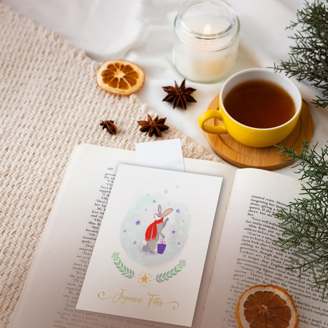 Carte de Voeux "Petit Lapin et son cadeau" avec enveloppe dorée
