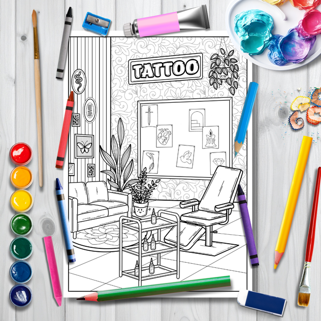 Affiche à colorier "Salon de tatouage"