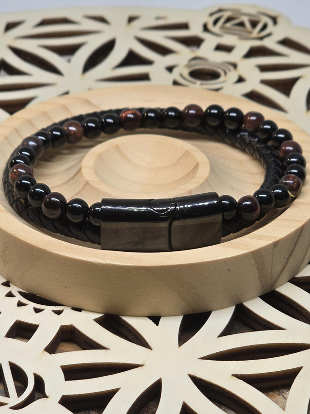 Bracelet cuir, Onyx, Œil de Taureau 0,6 cm 