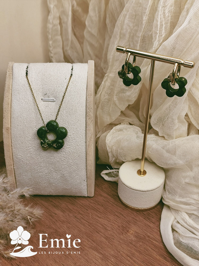 Parure duo - Sylvina ✨ Vert forêt feuilles d'or - Résine Epoxy