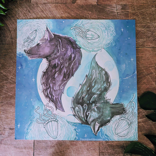 Illustration "Loup et méduses" - 15 x 15 cm 