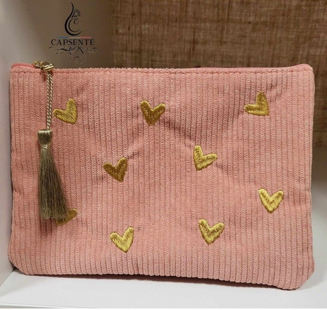 Pochette petits cœurs velours vert d&#039;eau ou blush