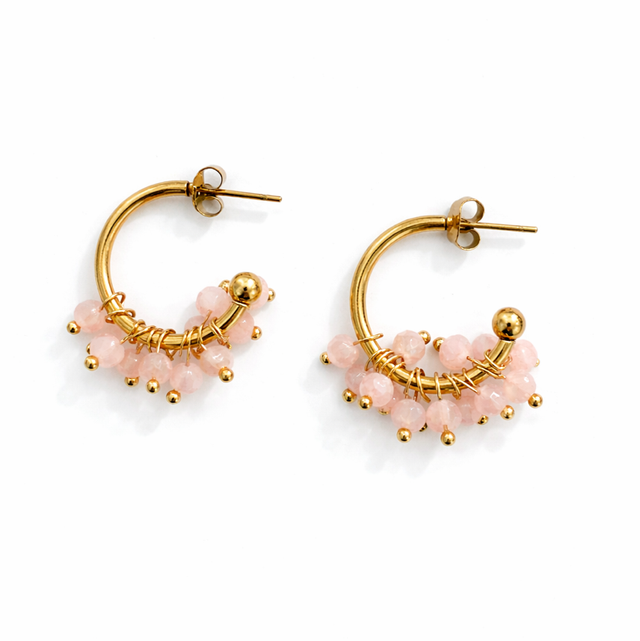 Argollas acero dorado cuentas rosa bebé 