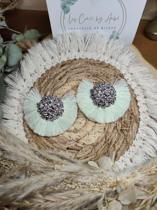 BO MINI BOHEME ARGENT/ POMPONS VERT D'EAU 0000226