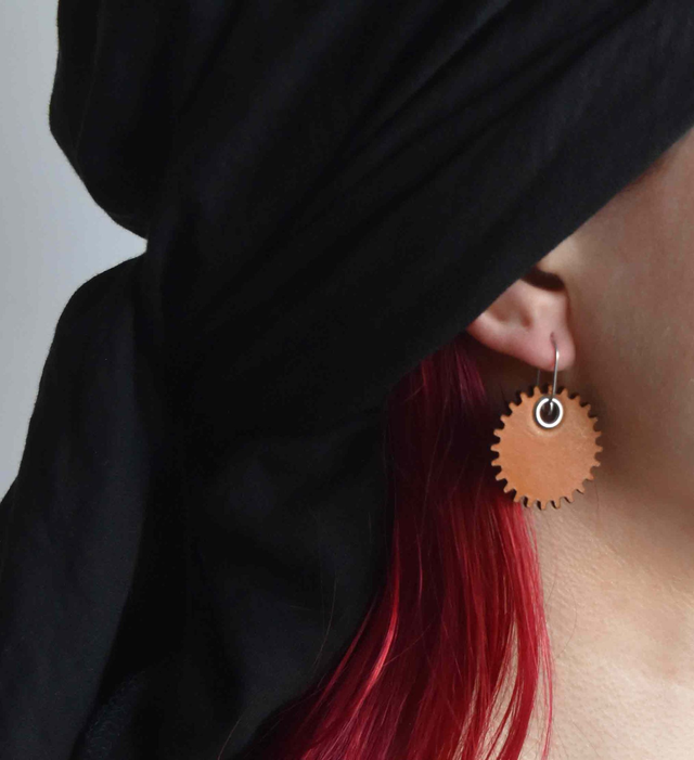 Yellow leather earrings "Cog"