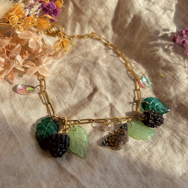 Painted Lady Butterfly and Blackberry Charm Necklace 