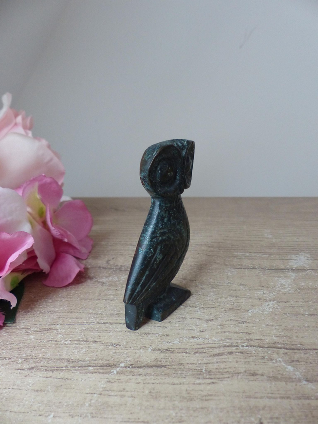 Figurine chouette plate d'Athéna en métal, symbole de sagesse, petit hibou sculpture d'art grec, sculpture chouette porte-bonheurstatuette