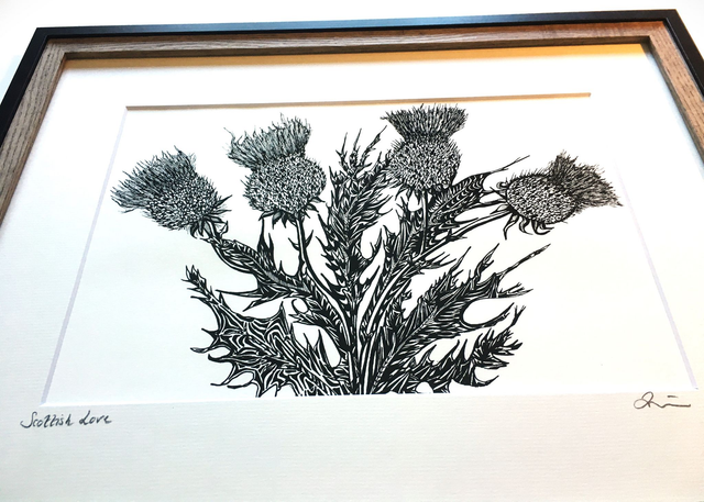 "Scottish Love" Monochrome Thistle Ink sketched framed Fine Art Giclee Print