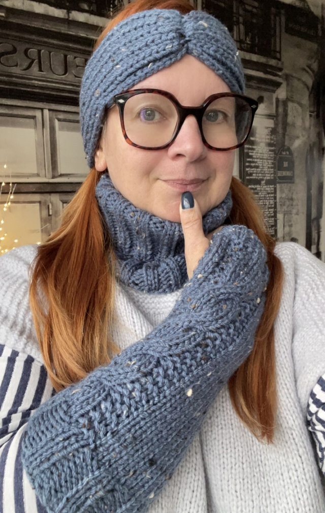 Mitaines longues laine Tweed Bleu jean style Outlander