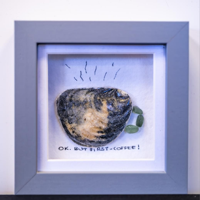 Sea Glass Ok but first coffee 10x10cm  Framed.