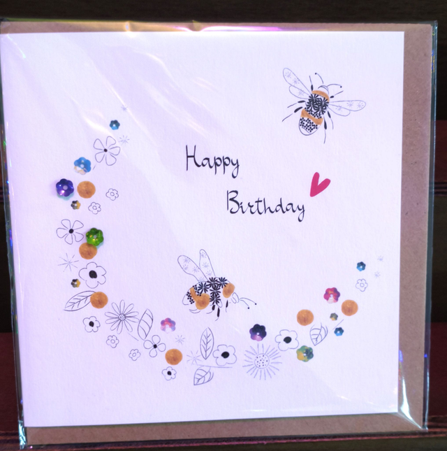 Hand-Illustrated Bee Birthday Card with Sequin Detail