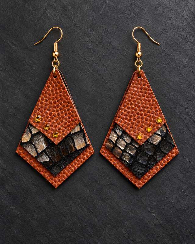 Reflets d’Écureuil – Boucles d’oreilles géométriques en cuir mordoré et strass auburn