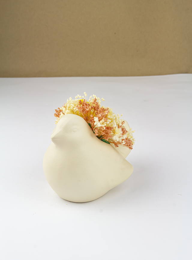 Pássaro Cerâmica Floral Beje