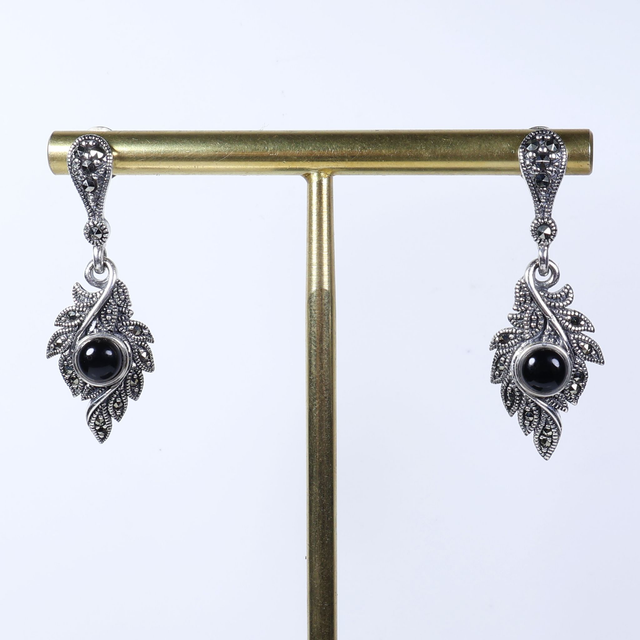 Sterling Silver 925 Art Deco Style Round Cabochon Cut Black Onyx Marcasite Gemstone Feather Design Drop Dangle Earrings