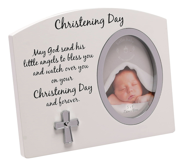 Christening/ Baptism Photo Frame Gift White &amp; Silver Freestanding Picture 3 x 4in