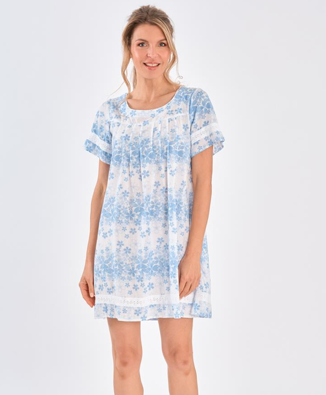 La Cotonnière -Robe courte Camélia, imprimé Fleur d&#039;Azur en coton fin