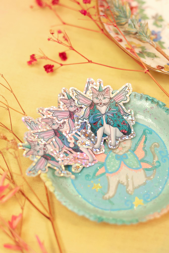 Sticker pailleté "Tim le chat-fée"