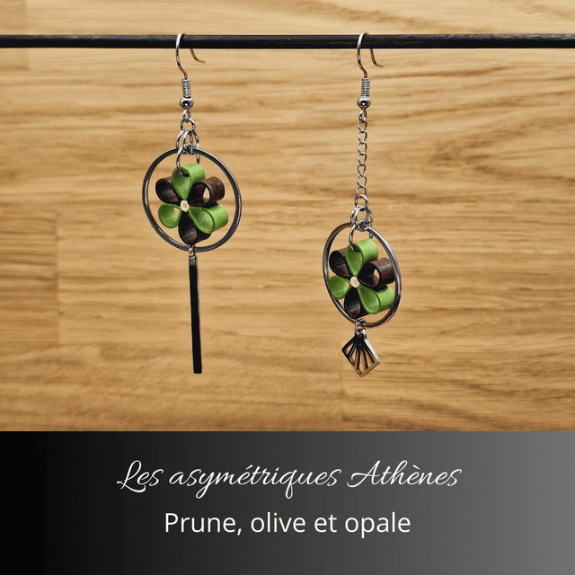 Boucles d&#039;oreilles asymétriques Athènes - Prune olive et opale