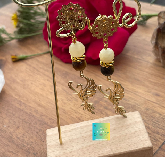 🐅🌼 Boucles d'oreilles Sphinx en pierre de tigre et calcite jaune