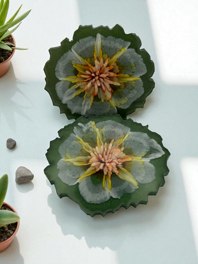 Green Geode Resin Coasters – Set of 2 with 3D Bloom Design 