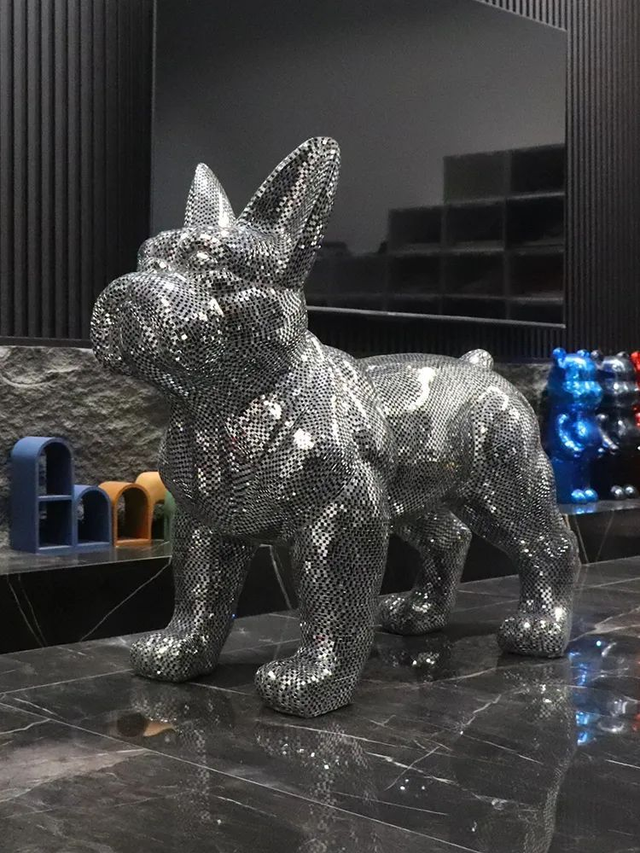 O1-3 - Statue Bouledogue strass Noir Argent H.VERNISE 