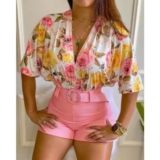 Tropical à manches longues Col en V haut et short ensemble. Floral décontracté Streetwear Kawaii Blouses costume ensemble