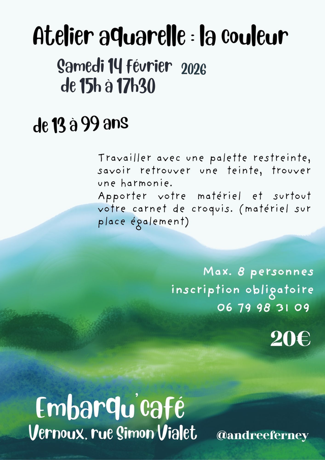 Atelier aquarelle LA COULEUR 14.02.26 de 15h à 17h30