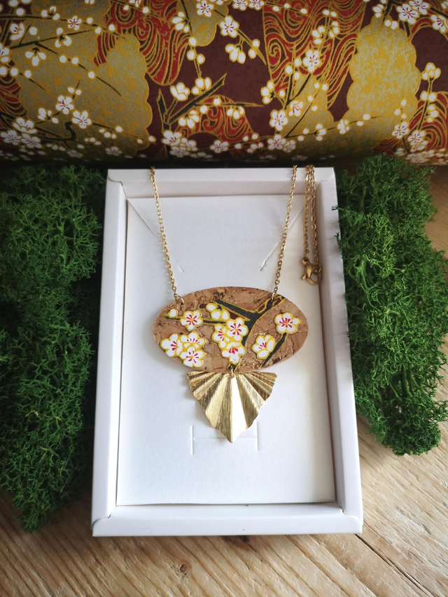 Collier - japonais - papier - liège - washi - fleurs de prunier - chaîne - acier inoxydable - La&amp;Titia 