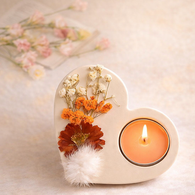 Bougeoir en Jesmonite avec Décoration Florale tons orange, pour bougie chauffe plat