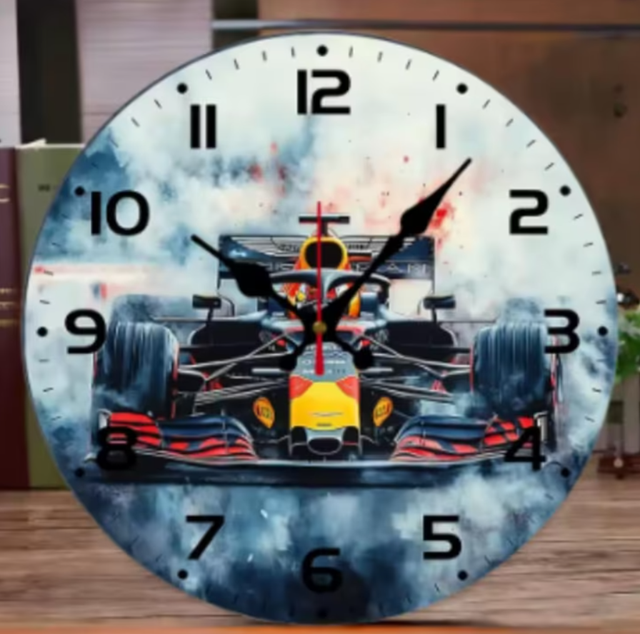 Ronde wandklok van hout analoge Raceauto voorkant (25cm)