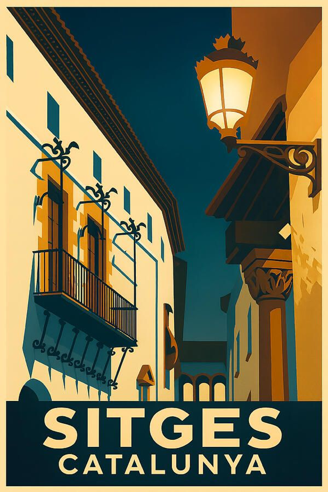 Póster de viaje vintage de Sitges - Balcón romántico de noche