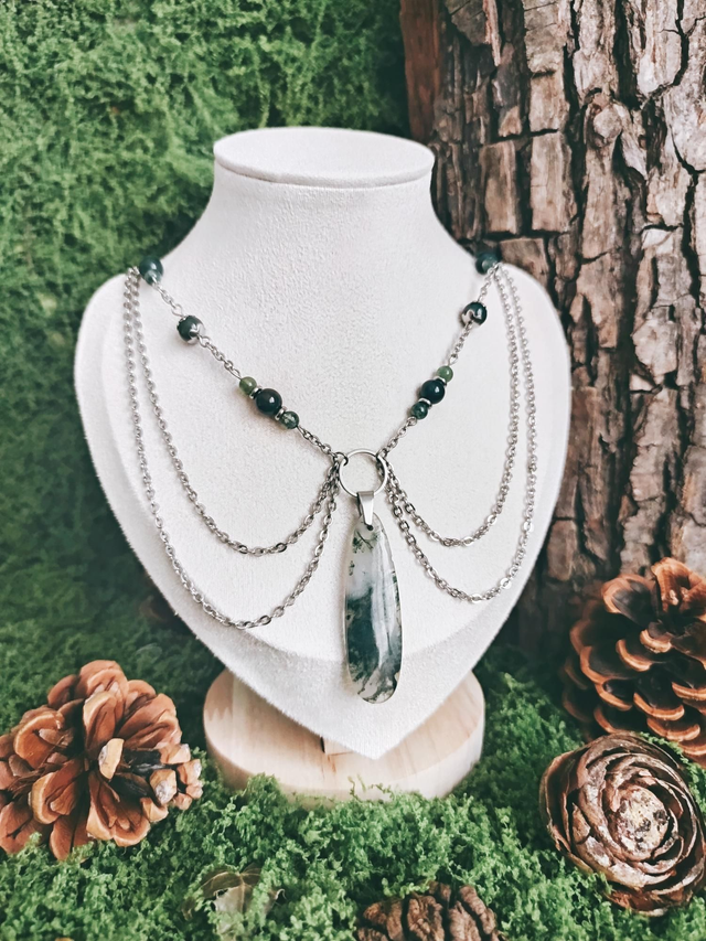 COLLIER - ÉCHOS DE LA FORÊT (argenté/agate mousse)