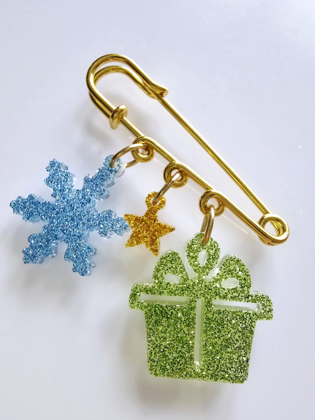 BROCHE DE NOEL BLEU VERT OR