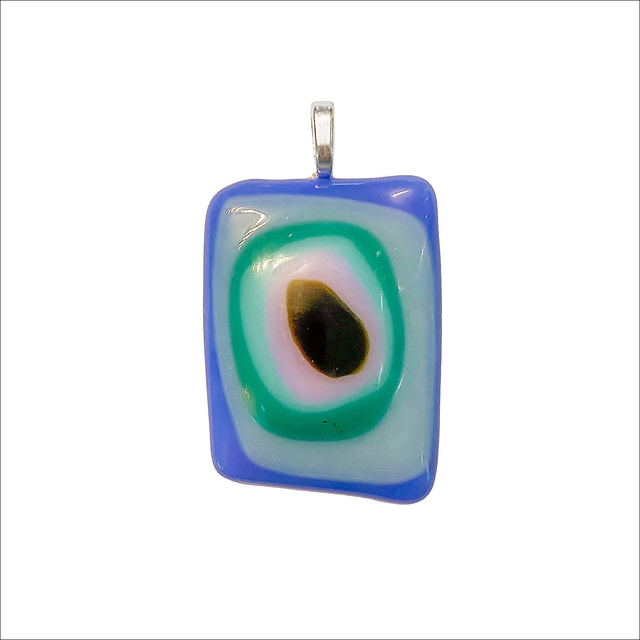 Pendant in fused glass with shades of sky blue, grey, green, pink and black (Ref P27)