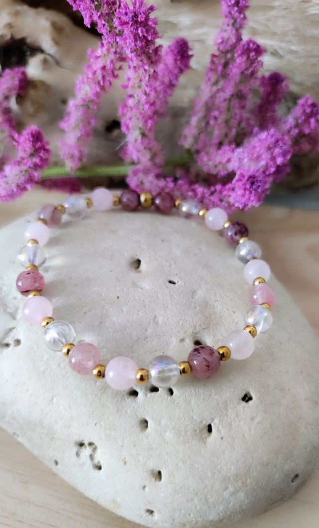 Bracelet "Épanouissement et Joie" Quartz fraise et Quartz rose