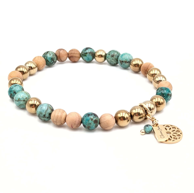 🌿 Bracelet Turquoise africaine, Bois de senteur &amp; Hématite dorée – Fleur de Vie