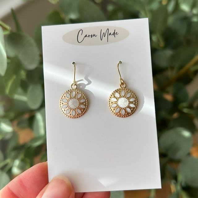 Gold and white floral boho style earrings