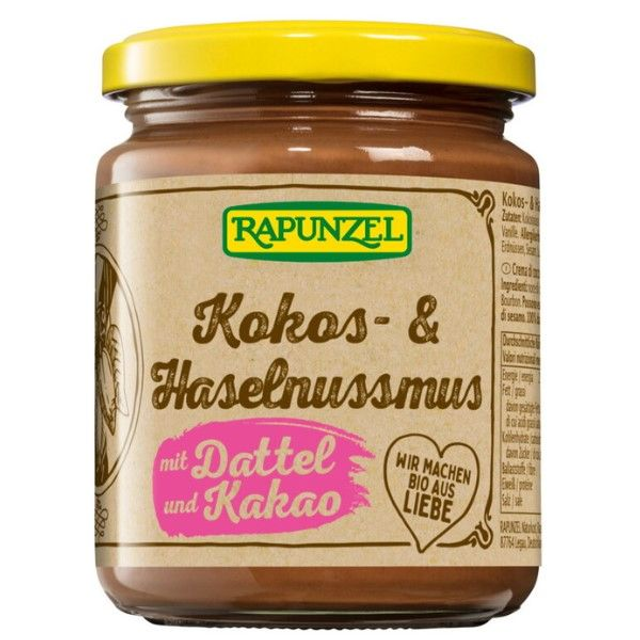 Rapunzel Kokos- &amp; Haselnussmus mit Dattel und Kakao 250g Glas