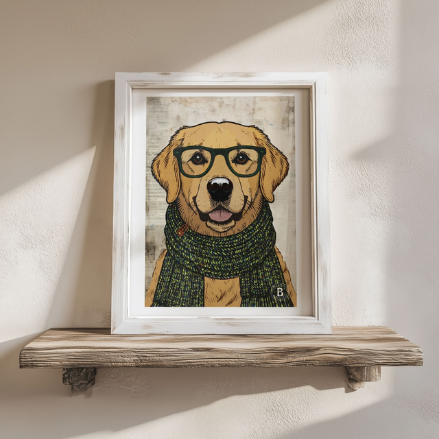 Golden Labrador Dog In Glasses Mixed Media Art Print A4