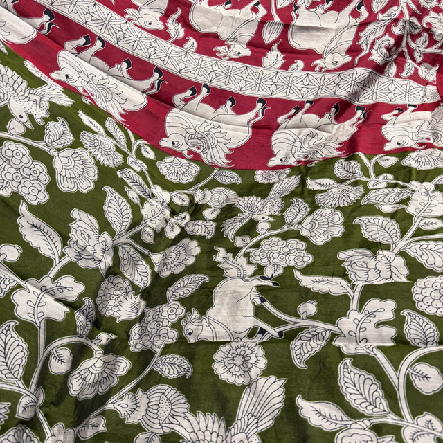 Kalamkari saree with stiched blouse mehendi green