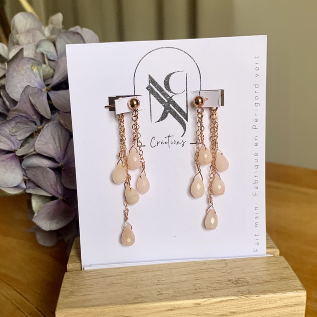 Boucles d&#039;oreilles, Opales roses naturelles, Goldfilled rose (or rose laminé)