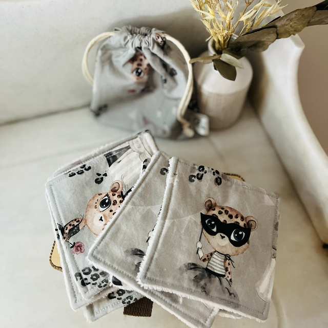 Pochon 7 lingettes lavable coton prémium/éponge bambou &quot;Ballet de léopards&quot;