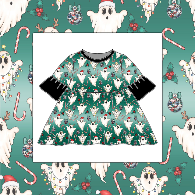 Christmas Green Ghosts Childrens Bell Sleeve Dress