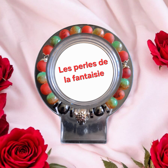 Bracelet perles de verre, perles hématite,breloque centrale léopard