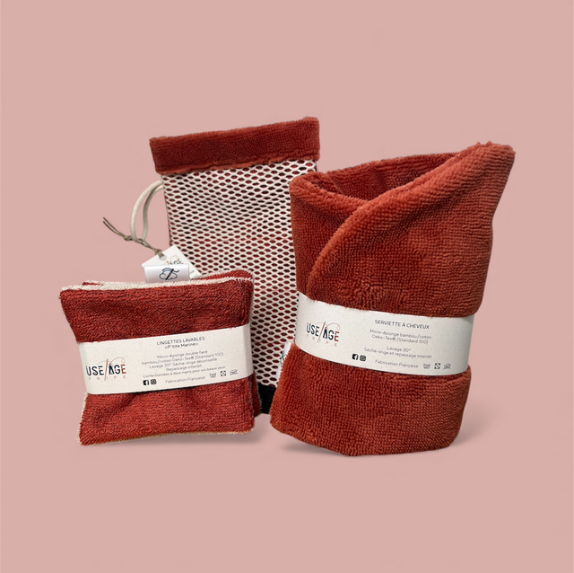 Ensemble Bain Douceur – serviette à cheveux ajustable, Gant & Lingettes | Éponge bambou Oeko-Tex Classe 1