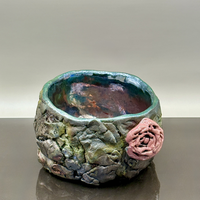 Pink rose raku fired crackpot
